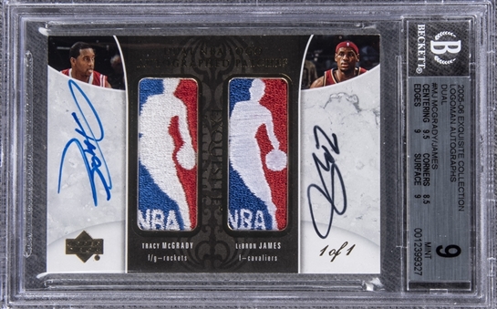 2005-06 UD Exquisite Collection "Logoman Autographs Dual" #MJ Tracy McGrady/LeBron James Dual-Signed Game Used Logoman Patch Card (#1/1) – BGS MINT 9/BGS 9 